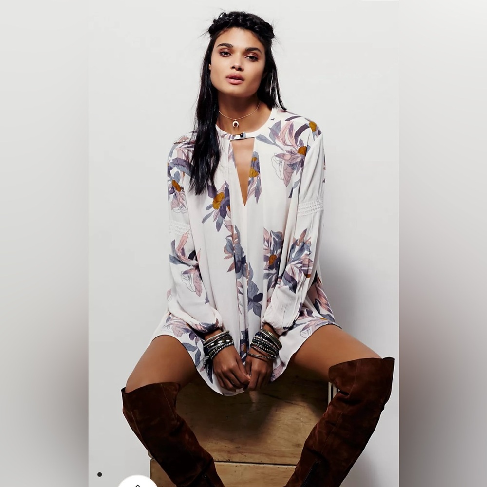 Free People Electric Orchid Print Swing Tunic Mini Dress Pale Pink Cottage Core